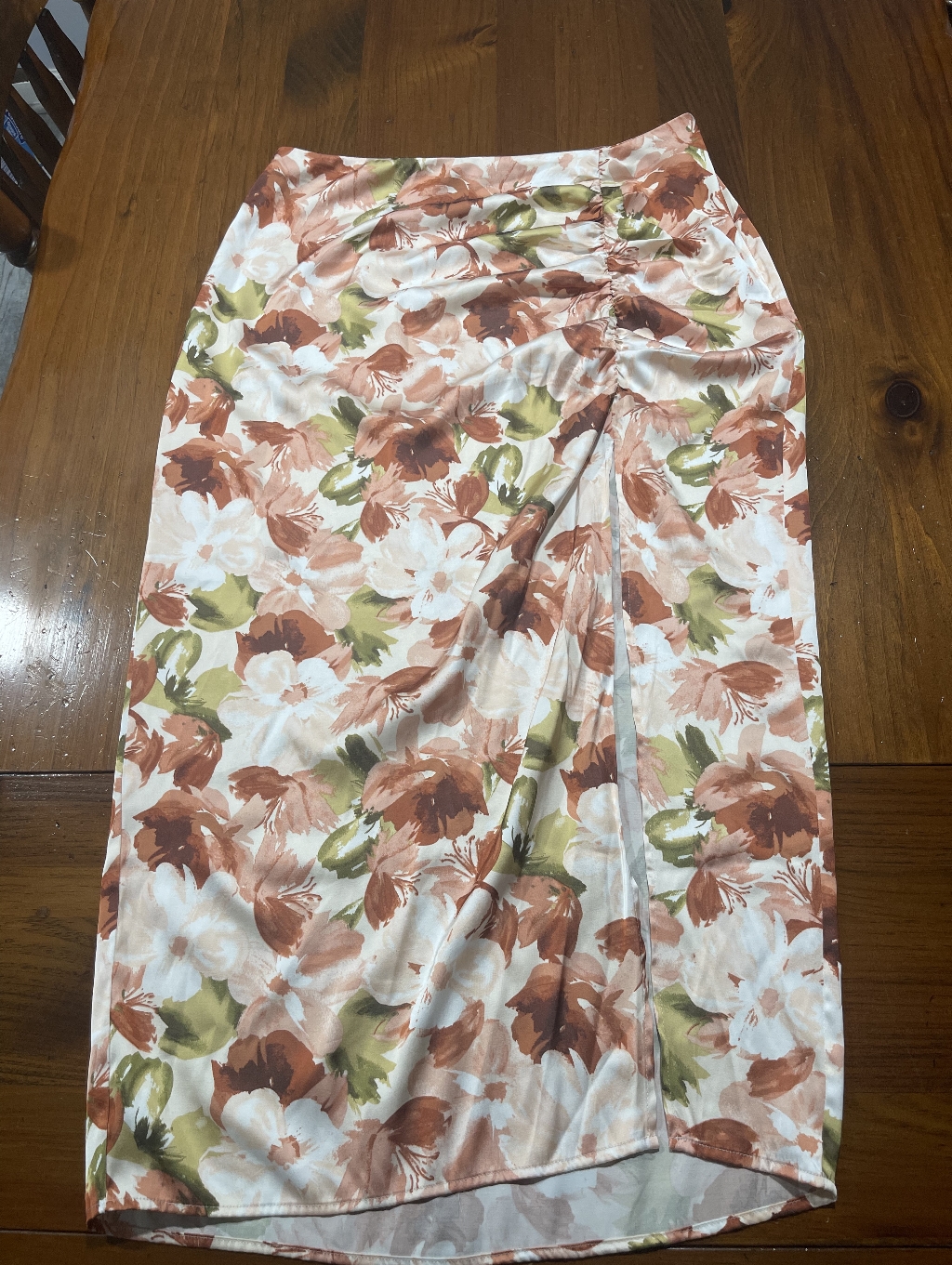 Abercrombie & Fitch Womens Casual Floral Ruched Slit Satin Midi Skirt Size Large